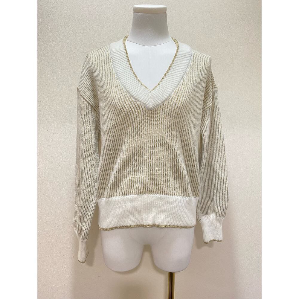 Nine West V-Neck White Shine Gold Pullover Sweater Ribbed Holiday Christmas - S